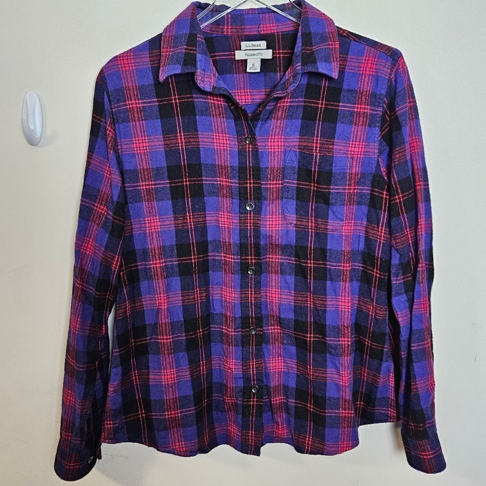 LL Bean Women's 273137 Scotch Plaid Flannel Shirt, Relaxed Medium Pink Purple